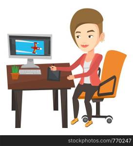 Caucasian woman sitting at desk and drawing on graphics tablet. Young graphic designer using a digital graphics tablet, computer and pen. Vector flat design illustration isolated on white background.. Designer using digital graphics tablet.