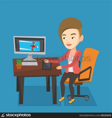 Caucasian woman sitting at desk and drawing on graphics tablet. Young graphic designer using a digital graphics tablet, computer and pen. Vector flat design illustration. Square layout.. Designer using digital graphics tablet.