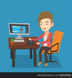 Caucasian woman sitting at desk and drawing on graphics tablet. Young graphic designer using a digital graphics tablet, computer and pen. Vector flat design illustration. Square layout.. Designer using digital graphics tablet.