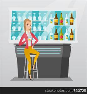 Caucasian woman sitting at the bar counter. Woman sitting with a glass in the bar. Woman sitting alone and celebrating with an alcohol drink in the bar. Vector flat design illustration. Square layout.. Caucasian woman sitting at the bar counter.