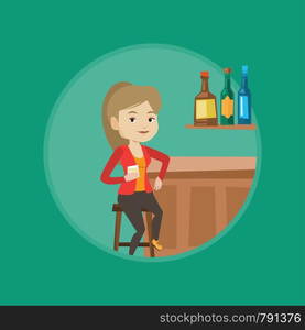 Caucasian woman sitting at the bar counter. Young woman sitting with glass in bar. Woman celebrating with an alcohol drink in bar. Vector flat design illustration in the circle isolated on background.. Woman sitting at the bar counter.