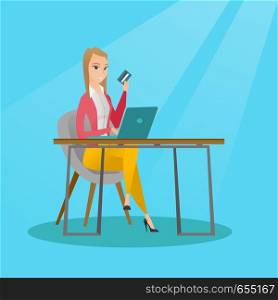 Caucasian woman sitting at the table with laptop and holding a credit card in hand. Woman using laptop for online shopping and paying by credit card. Vector flat design illustration. Square layout.. Young caucasian woman paying online by credit card