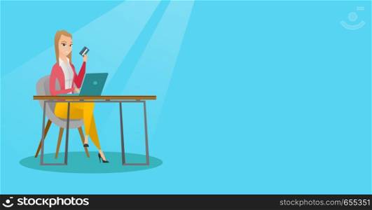 Caucasian woman sitting at the table with laptop and holding a credit card in hand. Woman using laptop for online shopping and paying by credit card. Vector flat design illustration. Horizontal layout. Young caucasian woman paying online by credit card