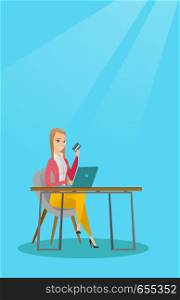 Caucasian woman sitting at the table with laptop and holding a credit card in hand. Woman using laptop for online shopping and paying by credit card. Vector flat design illustration. Vertical layout.. Young caucasian woman paying online by credit card