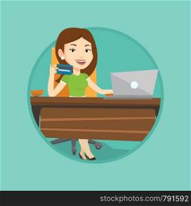 Caucasian woman sitting at the table with laptop and holding credit card in hand. Woman using laptop for online shopping at home. Vector flat design illustration in the circle isolated on background.. Woman shopping online vector illustration.