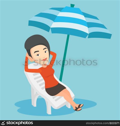Caucasian woman sitting in a beach chair. Young woman resting on holiday while sitting under umbrella on a beach chair. Woman relaxing on a beach chair. Vector flat design illustration. Square layout.. Woman relaxing on beach chair vector illustration.