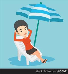 Caucasian woman sitting in a beach chair. Young woman resting on holiday while sitting under umbrella on a beach chair. Woman relaxing on a beach chair. Vector flat design illustration. Square layout.. Woman relaxing on beach chair vector illustration.