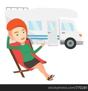 Caucasian woman sitting in a folding chair and giving thumb up on the background of camper van. Woman enjoying her vacation in camper van. Vector flat design illustration isolated on white background.. Woman sitting in chair in front of camper van.