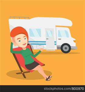Caucasian woman sitting in a folding chair and giving thumb up on the background of camper van. Young happy woman enjoying her vacation in camper van. Vector flat design illustration. Square layout.. Woman sitting in chair in front of camper van.