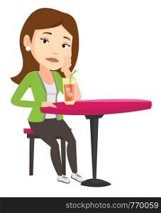 Caucasian woman sitting in bar and drinking cocktail. Young sad woman sitting alone in bar with cocktail. Woman drinking cocktail in bar. Vector flat design illustration isolated on white background.. Woman drinking cocktail at the bar.
