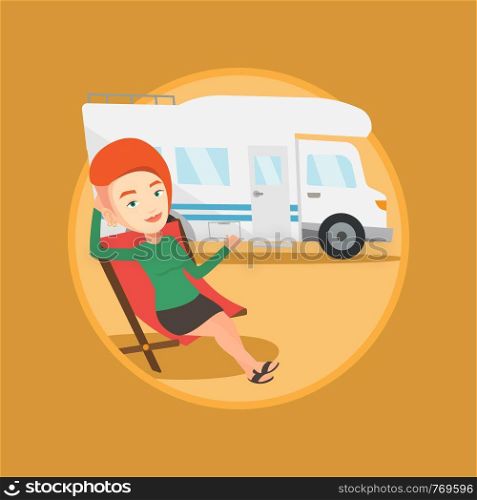 Caucasian woman sitting in chair and giving thumb up on the background of camper van. Woman enjoying her vacation in camper van. Vector flat design illustration in the circle isolated on background.. Woman sitting in chair in front of camper van.