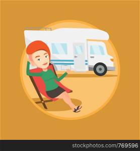 Caucasian woman sitting in chair and giving thumb up on the background of camper van. Woman enjoying her vacation in camper van. Vector flat design illustration in the circle isolated on background.. Woman sitting in chair in front of camper van.