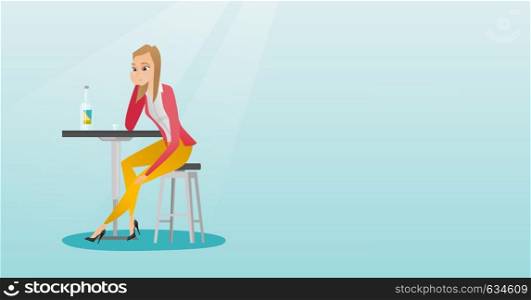 Caucasian woman sitting in the bar and drinking a cocktail. Young sad woman sitting in the bar with a cocktail. Woman drinking a cocktail in the bar. Vector flat design illustration. Horizontal layout. Woman drinking a cocktail in the bar.