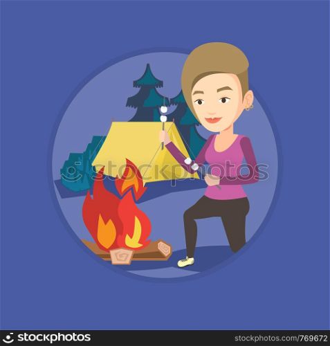 Caucasian woman sitting near campfire with marshmallow. Woman roasting marshmallow over campfire. Tourist relaxing near campfire. Vector flat design illustration in the circle isolated on background.. Woman roasting marshmallow over campfire.