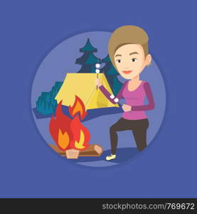Caucasian woman sitting near campfire with marshmallow. Woman roasting marshmallow over campfire. Tourist relaxing near campfire. Vector flat design illustration in the circle isolated on background.. Woman roasting marshmallow over campfire.