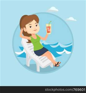 Caucasian woman sitting on a beach chair. Woman drinking a cocktail on a beach chair. Joyful woman on a beach chair with cocktail. Vector flat design illustration in the circle isolated on background.. Woman relaxing on beach chair vector illustration.