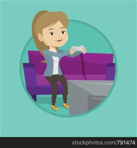 Caucasian woman sitting on a sofa and playing video game on the television. Excited woman with console in hands playing video game. Vector flat design illustration in the circle isolated on background. Woman playing video game vector illustration.