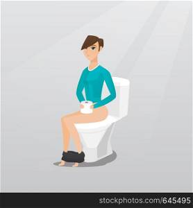 Caucasian woman sitting on toilet bowl and suffering from diarrhea. Woman holding toilet paper roll and suffering from diarrhea. Girl sick with diarrhea. Vector flat design illustration. Square layout. Woman suffering from diarrhea or constipation.
