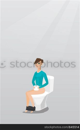 Caucasian woman sitting on toilet bowl and suffering from diarrhea. Woman holding toilet paper roll and suffering from diarrhea or constipation. Vector flat design illustration. Vertical layout.. Woman suffering from diarrhea or constipation.
