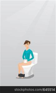 Caucasian woman sitting on toilet bowl and suffering from diarrhea. Woman holding toilet paper roll and suffering from diarrhea or constipation. Vector flat design illustration. Vertical layout.. Woman suffering from diarrhea or constipation.