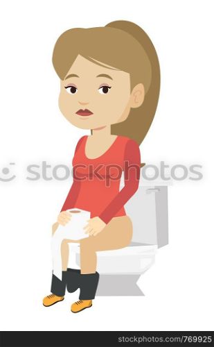 Caucasian woman sitting on toilet bowl and suffering from diarrhea. Young woman holding toilet paper roll and suffering from diarrhea. Vector flat design illustration isolated on white background.. Woman suffering from diarrhea or constipation.
