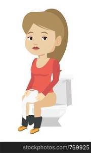 Caucasian woman sitting on toilet bowl and suffering from diarrhea. Young woman holding toilet paper roll and suffering from diarrhea. Vector flat design illustration isolated on white background.. Woman suffering from diarrhea or constipation.