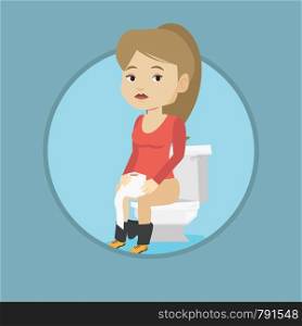 Caucasian woman sitting on toilet bowl and suffering from diarrhea. Woman holding toilet paper roll and suffering from diarrhea. Vector flat design illustration in the circle isolated on background.. Woman suffering from diarrhea or constipation.