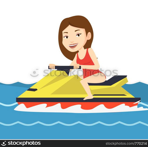 Caucasian woman sitting on water scooter. Woman riding on a water scooter in the sea at summer day. Woman training on a water scooter. Vector flat design illustration isolated on white background.. Caucasian woman training on jet ski in the sea.