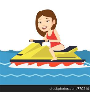 Caucasian woman sitting on water scooter. Woman riding on a water scooter in the sea at summer day. Woman training on a water scooter. Vector flat design illustration isolated on white background.. Caucasian woman training on jet ski in the sea.