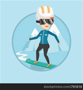 Caucasian woman snowboarding on the background of mountain. Snowboarder on piste in mountains. Woman snowboarding in the mountains. Vector flat design illustration in the circle isolated on background. Young woman snowboarding vector illustration.