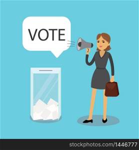 Caucasian woman speaks in a megaphone-vote, ballot box,flat vector illustration