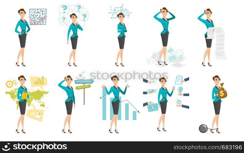 Caucasian woman standing at road sign with two career pathways - entrepreneur and employee. Woman making a decision of career. Set of vector flat design illustrations isolated on white background.. Vector set of illustrations with business people.