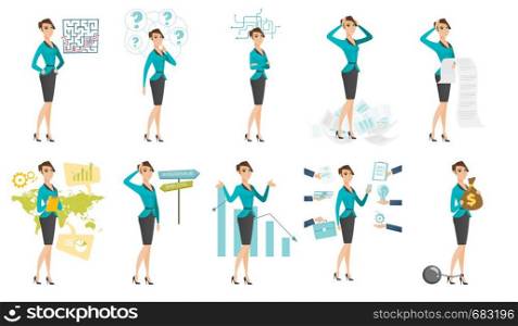 Caucasian woman standing at road sign with two career pathways - entrepreneur and employee. Woman making a decision of career. Set of vector flat design illustrations isolated on white background.. Vector set of illustrations with business people.