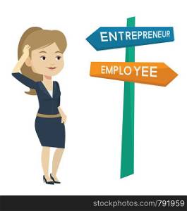 Caucasian woman standing at road sign with two career pathways - entrepreneur and employee. Young woman making a decision of future career. Vector flat design illustration isolated on white background. Confused woman choosing career pathway.