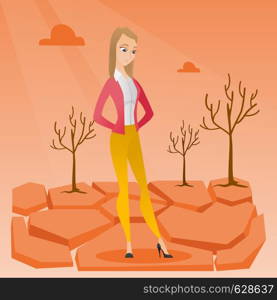 Caucasian woman standing in the desert. Frustrated young woman standing on cracked earth in the desert. Concept of climate change and global warming. Vector flat design illustration. Square layout.. Sad woman in the desert vector illustration.