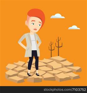 Caucasian woman standing in the desert. Frustrated young woman standing on cracked earth in the desert. Concept of climate change and global warming. Vector flat design illustration. Square layout.. Sad woman in the desert vector illustration.