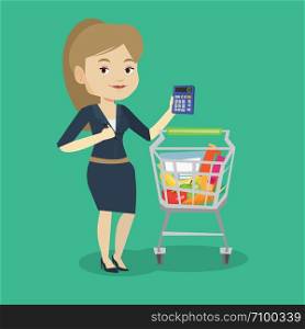 Caucasian woman standing near supermarket trolley with calculator in hand. Young woman checking prices on calculator. Customer counting on calculator. Vector flat design illustration. Square layout.. Female customer counting on calculator.