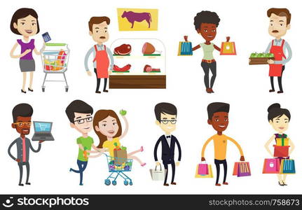 Caucasian woman standing near supermarket trolley with calculator in hand. Full length of woman checking prices on calculator. Set of vector flat design illustrations isolated on white background.. Vector set of shopping people characters.