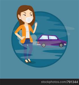 Caucasian woman standing on the background of car with traffic fumes. Woman wearing mask to reduce the effect of traffic pollution. Vector flat design illustration in the circle isolated on background. Air pollution from vehicle exhaust.