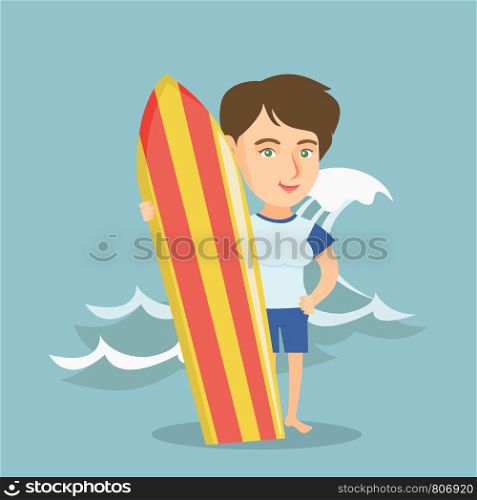 Caucasian woman standing with a surf board on the beach. Full length of young surfer holding a surf board on the background of sea wave. Vector cartoon illustration. Square layout.. Young caucasian surfer holding a surfboard.