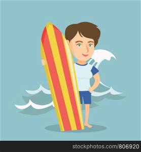 Caucasian woman standing with a surf board on the beach. Full length of young surfer holding a surf board on the background of sea wave. Vector cartoon illustration. Square layout.. Young caucasian surfer holding a surfboard.