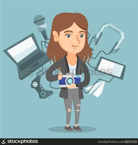 Caucasian woman taking photo with a digital camera. Woman surrounded by her gadgets. Woman using many electronic gadgets. Girl addicted to modern gadgets. Vector cartoon illustration. Square layout.. Young caucasian woman surrounded by her gadgets.