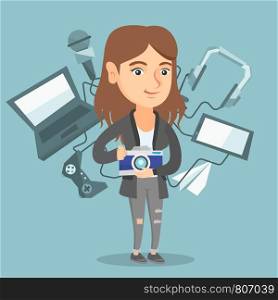Caucasian woman taking photo with a digital camera. Woman surrounded by her gadgets. Woman using many electronic gadgets. Girl addicted to modern gadgets. Vector cartoon illustration. Square layout.. Young caucasian woman surrounded by her gadgets.