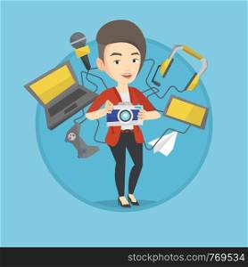 Caucasian woman taking photo with digital camera. Young woman using many electronic gadgets. Girl addicted to modern gadgets. Vector flat design illustration in the circle isolated on background.. Young woman surrounded with her gadgets.