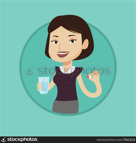 Caucasian woman taking pills. Woman holding pills and glass of water in hands. Woman taking vitamins. Healthy lifestyle concept. Vector flat design illustration in the circle isolated on background.. Young caucasian woman taking pills.