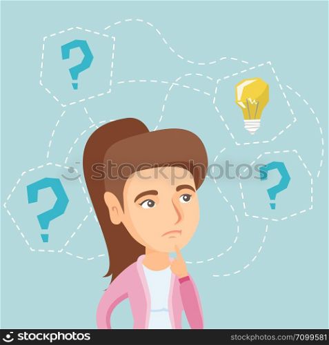 Caucasian woman thinking about new idea for business. Young business woman standing with question marks and light bulb above her head. Business idea concept. Vector cartoon illustration. Square layout. Young woman thinking about new idea for business.