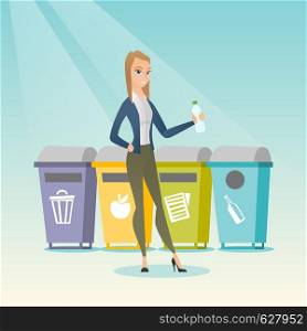 Caucasian woman throwing away garbage. Woman standing near four bins and throwing away garbage in an appropriate bin. Concept of garbage separation. Vector flat design illustration. Square layout.. Woman throwing away plastic bottle.