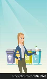 Caucasian woman throwing away garbage. Woman standing near four bins and throwing away garbage in an appropriate bin. Concept of garbage separation. Vector flat design illustration. Vertical layout.. Woman throwing away plastic bottle.