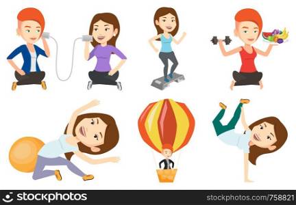 Caucasian woman training with stepper in the gym. Woman working out with stepper in the gym. Sportswoman standing on stepper. Set of vector flat design illustrations isolated on white background.. Vector set of sport characters.