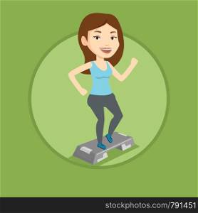 Caucasian woman training with stepper in the gym. Woman working out with stepper in the gym. Sportswoman standing on stepper. Vector flat design illustration in the circle isolated on background.. Woman exercising on steeper vector illustration.